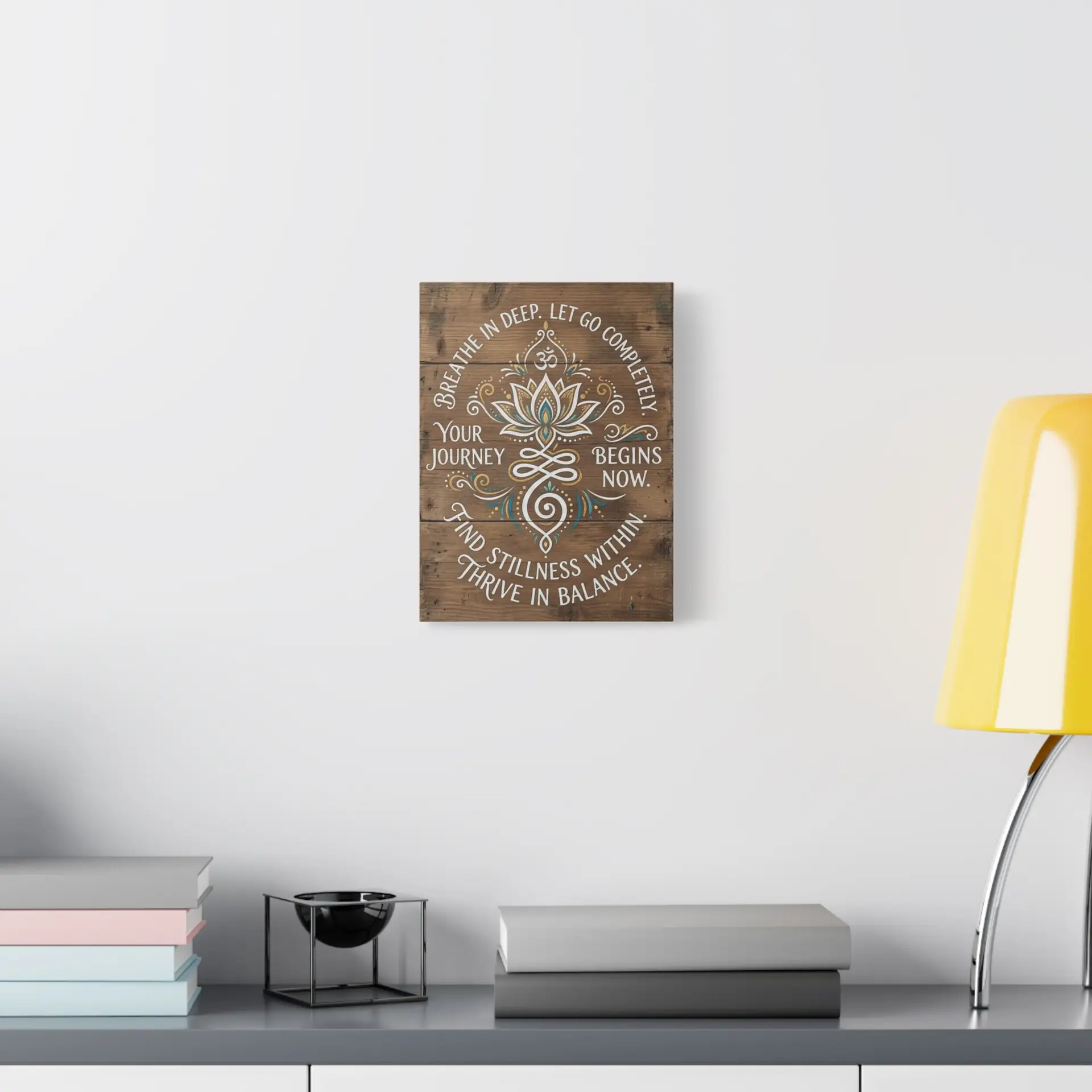 Yoga Lotus Wall Canvas — “Your Journey Begins Now” Inspirational Rustic Sign